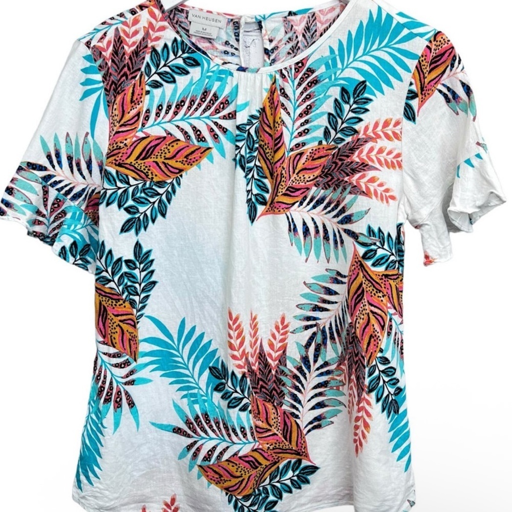 Van Heusen Women's Floral Blouse - Orange, Teal, Black on White - Picture 8 of 12